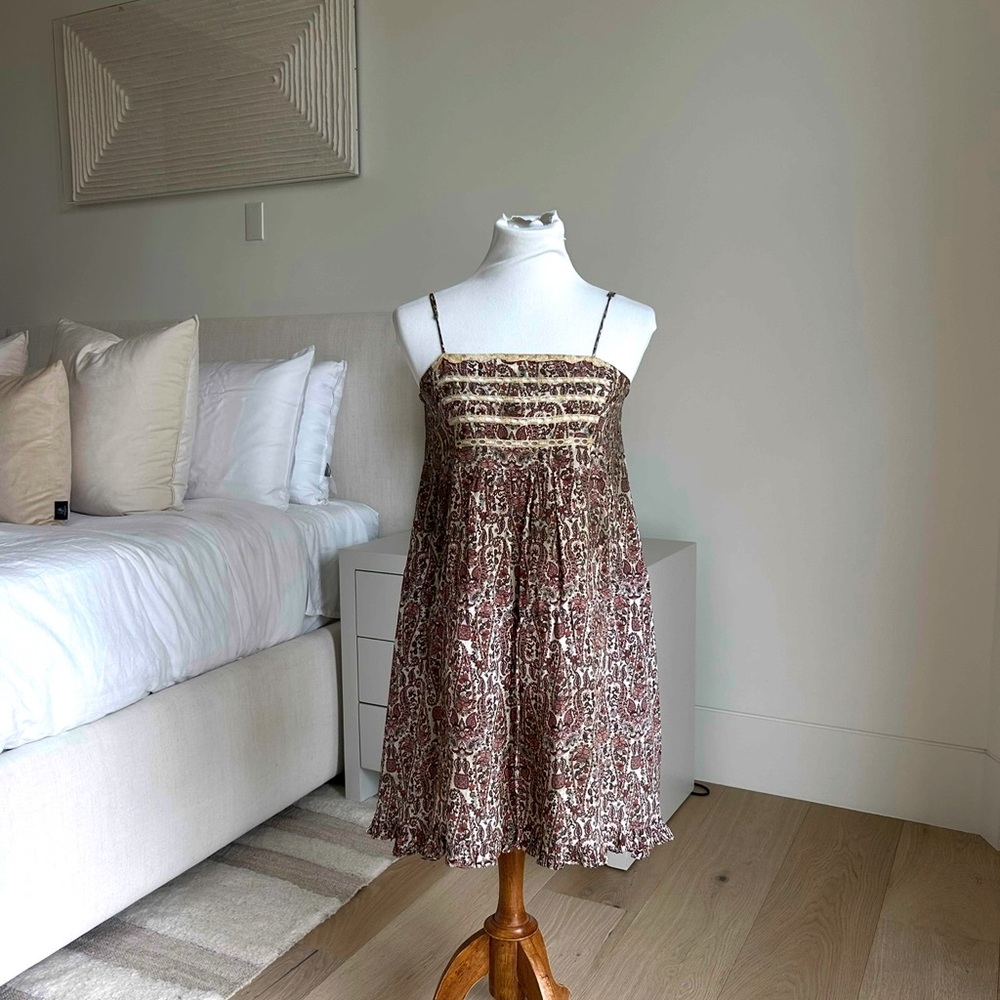 Sandro Gold Sundress with Smocked Bodice and Spaghetti Straps